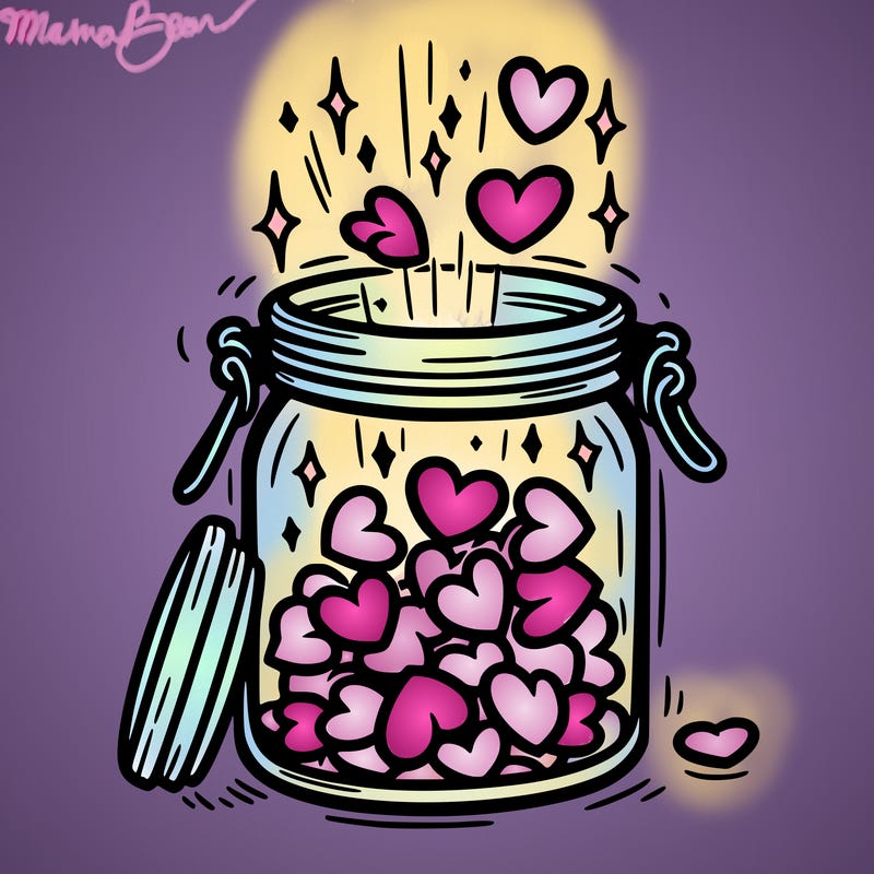 a jar filled with glowing hearts slowly opening and releasing them.