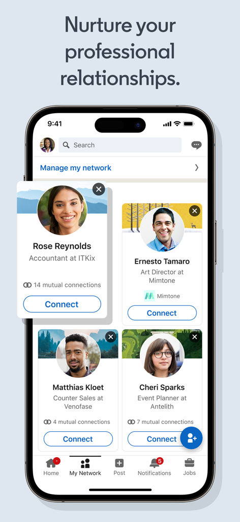 LinkedIn mobile app interface showing profile cards for professional networking and connections