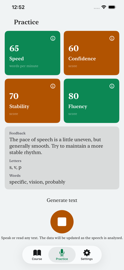 FreeTalk: Stuttering treatment - FreeTalkアプリのインターフェース。速度、自信、安定性、流暢さのスピーチパフォーマンス指標とAIフィードバックを表示。