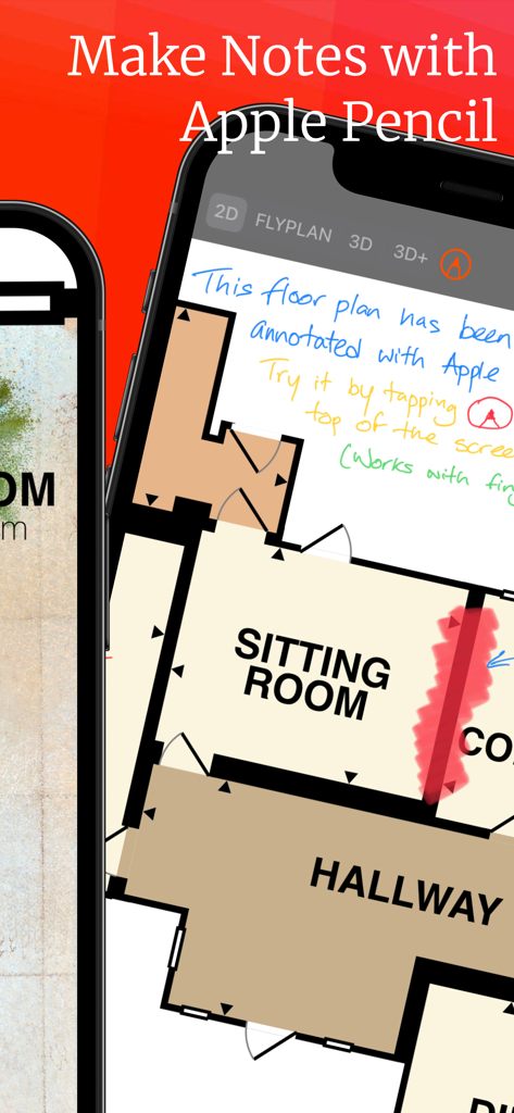 An iPhone screen displaying a 2D floor plan with handwritten notes and highlights using Apple Pencil.