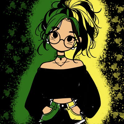 girl with a messy ponytail glasses a baggy crop top and jean shorts