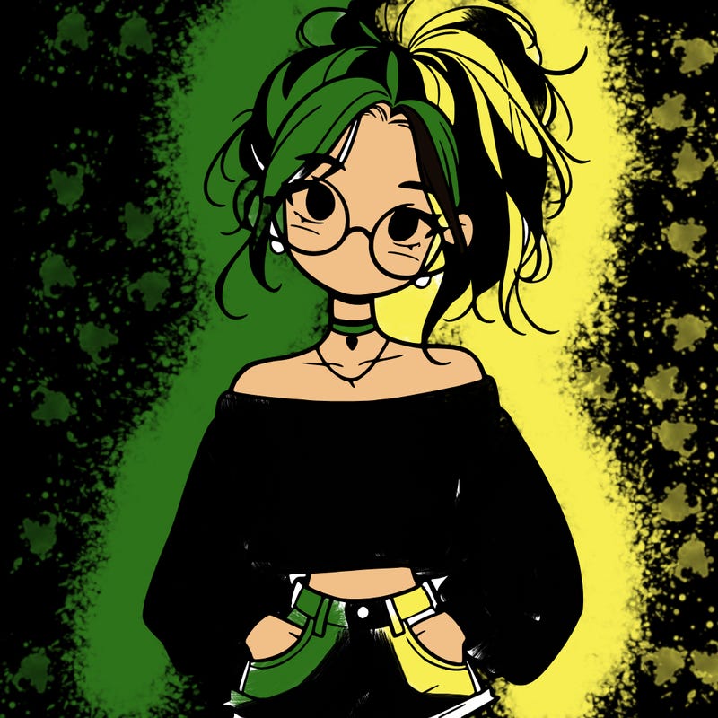 girl with a messy ponytail glasses a baggy crop top and jean shorts