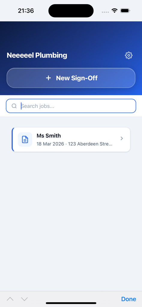Tableau de bord principal de l'application Sign-Off On Glass montrant une liste de travaux et un bouton pour créer une nouvelle signature numérique.