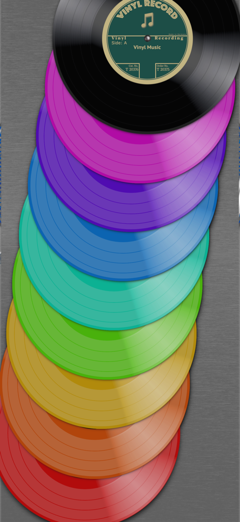 Vinyl Record - A vertical stack of multi-colored vinyl records in shades of red, orange, yellow, green, blue, and purple