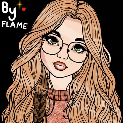 girl with long hair and freckles and glasses realistic