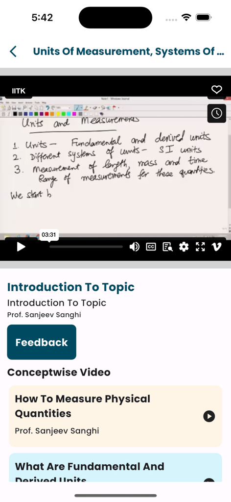 Sathee - A video lesson on units and measurements featuring handwritten notes and concept-wise videos by Professor Sanjeev Sanghi on the Sathee learning platform.