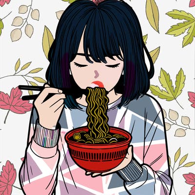 a girl realistic eating ramen noodles
