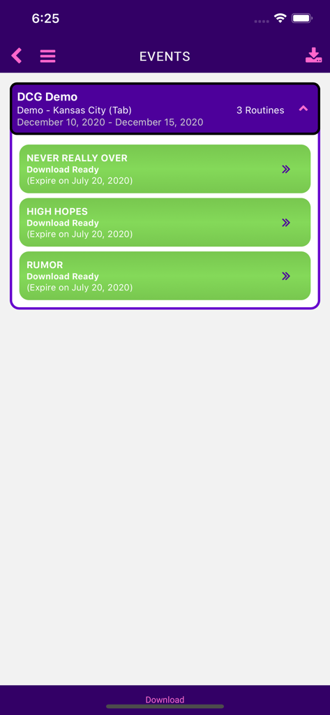 Dakiki - by DanceComp Genie - Dakiki app interface showing a list of downloadable dance routine videos for a competition event