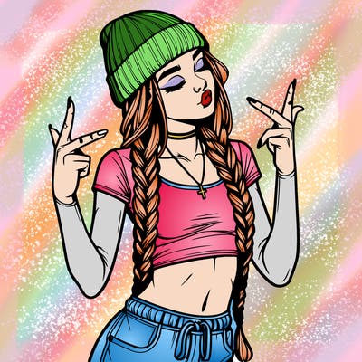 realistic teenage girl with braids and a beanie and crop top doing 🫶🏼