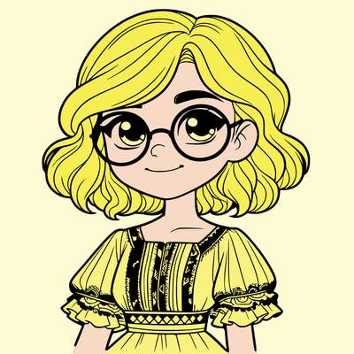 one girl with medium short hair, which are wavy. she has round glasses. she wears a latina outfit.