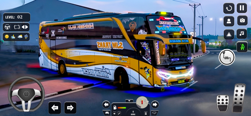 Modern City Bus Simulator Game - Un autobús amarillo y negro personalizado con luces de neón azules debajo y controles de juego de conducción en un entorno urbano.