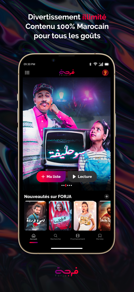 Smartphone screen showing the Forja mobile app interface with Moroccan movies and series