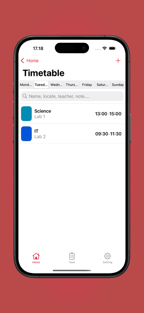 School Timetable & Task - School Timetable app interface showing a list of classes for Tuesday including Science and IT