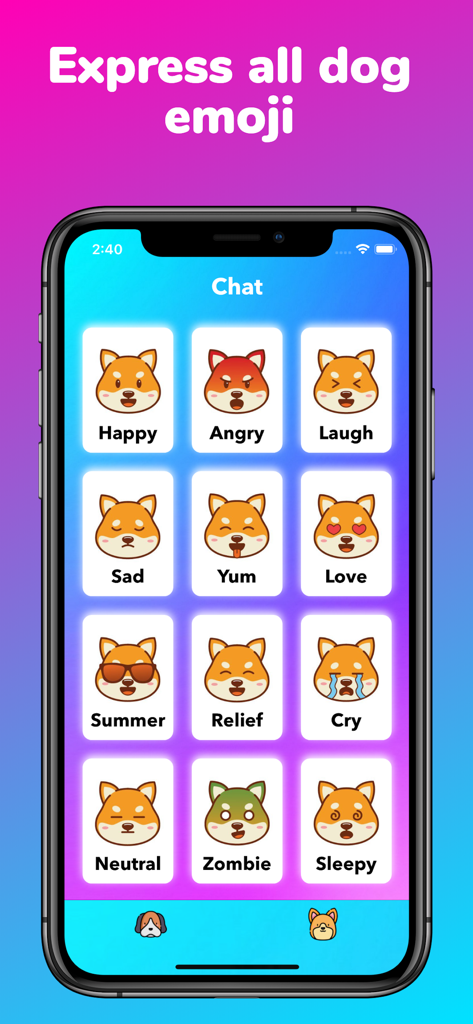 DogSpeak: The Dog Translator - 행복함, 화남, 사랑을 포함한 다양한 강아지 이모티콘 감정을 표시하는 모바일 앱 인터페이스