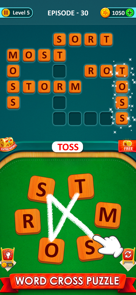 Word Game 2026: Word Connect - A gameplay screenshot of Word Game 2026 showing a hand connecting letters to solve a crossword puzzle.