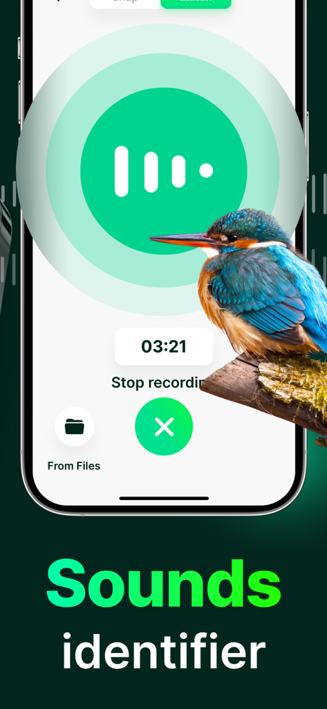 Bird ID - Call Identification - Bird IDアプリのインターフェースで、録音タイマーとカワセミのイラストが表示されたサウンド識別機能が表示されています