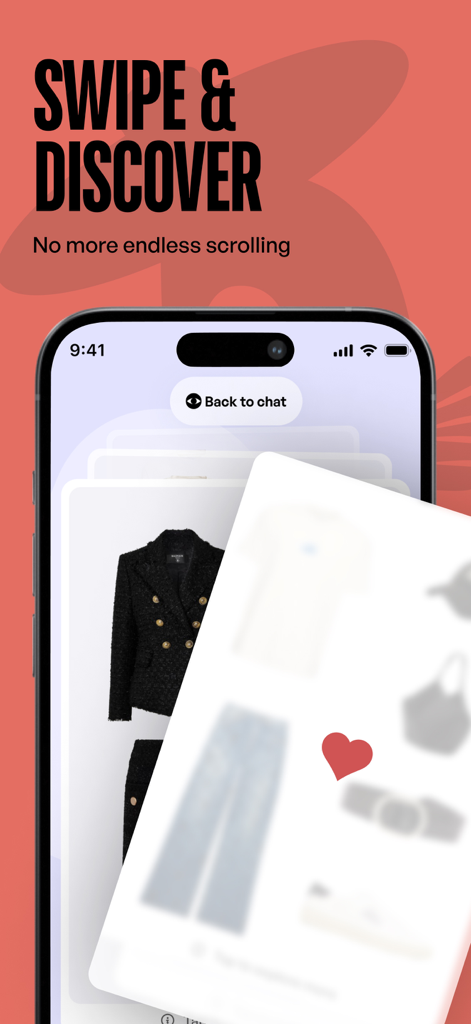 Interface de l'application mobile Estyl montrant des cartes de tenues de mode à découvrir par glissement avec une icône de cœur.