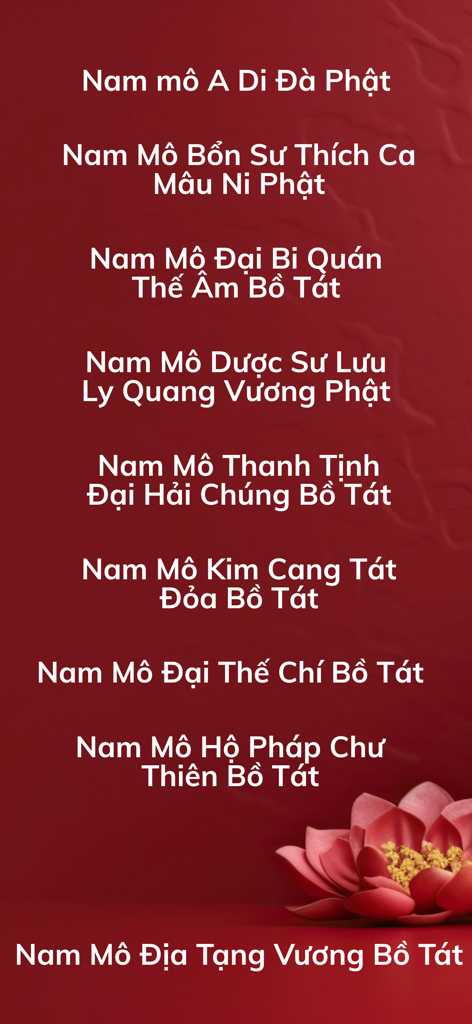 Om Mani – Global Buddhism - A list of traditional Buddhist mantras in Vietnamese on a red background with a pink lotus flower