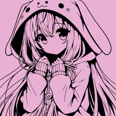 anime character girl with long hair cute bunny hoodie