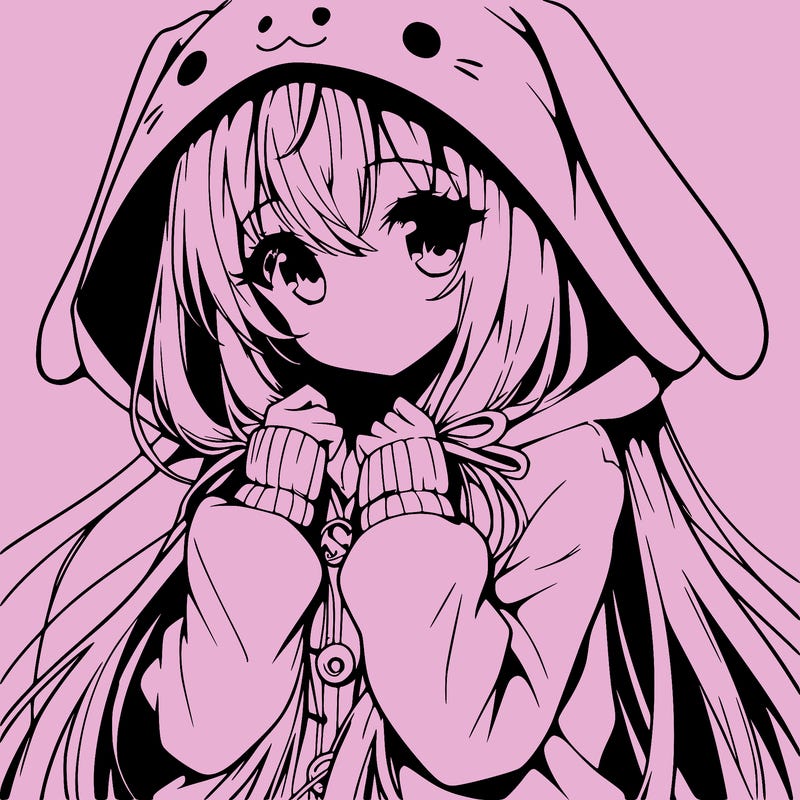 anime character girl with long hair cute bunny hoodie