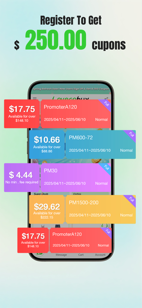 Lovegobuy app welcome screen offering 250 dollars in coupons for new members
