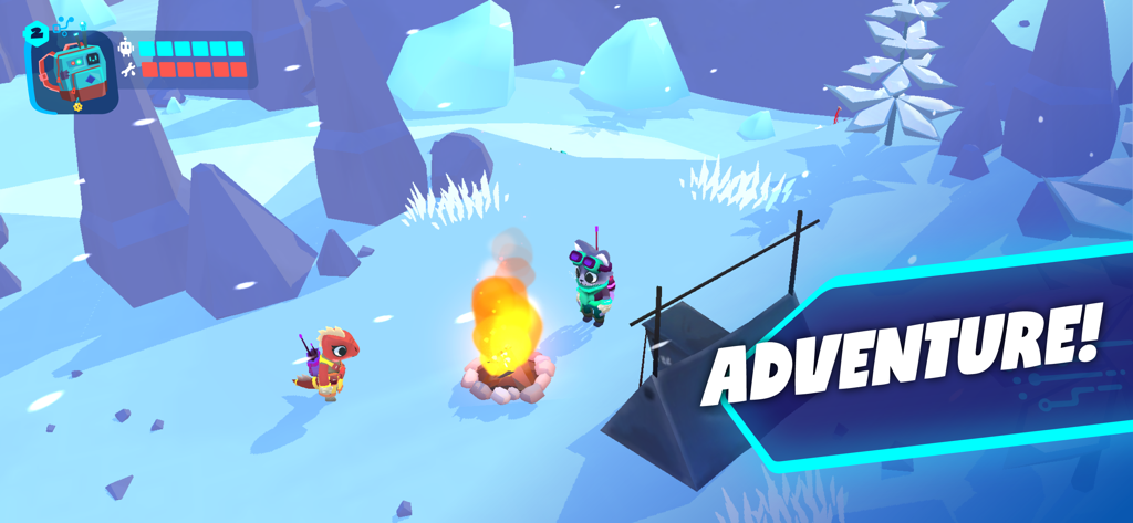 Botworld Adventure - Two animal characters standing next to a campfire in a snowy open world environment
