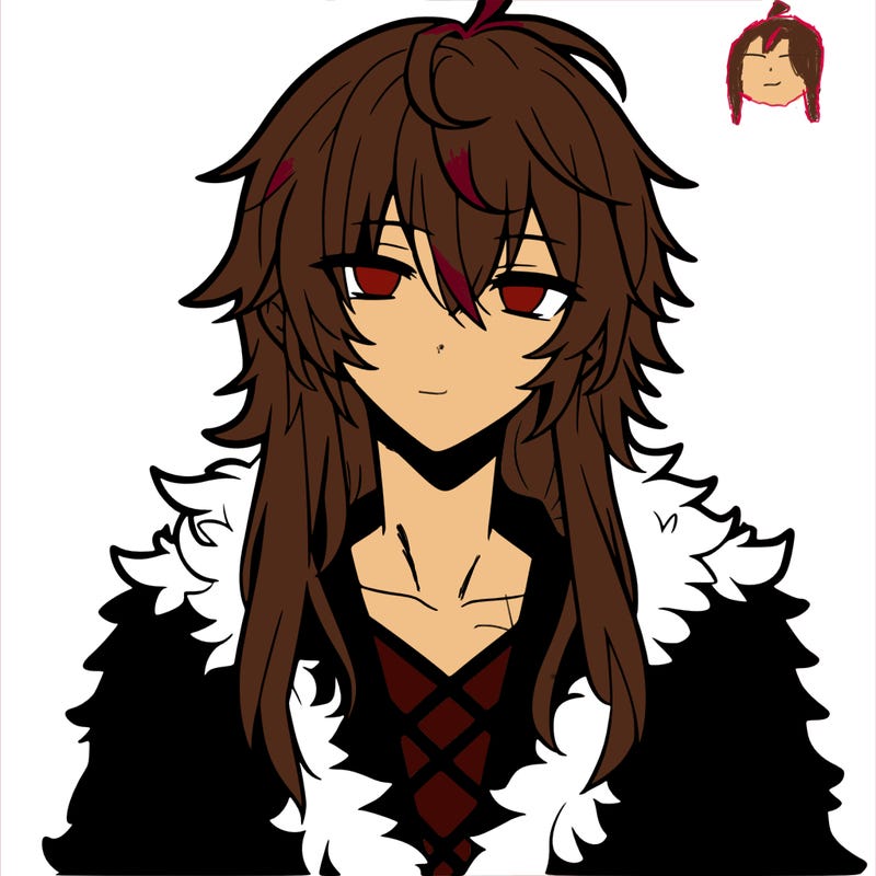 anime guy, long white hair, a red fluffy shirt