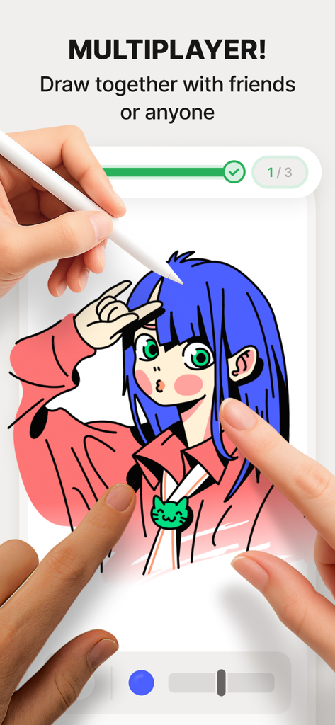 Skribly: Draw with friends - Multiplayer drawing session in Skribly app where friends color an anime character together