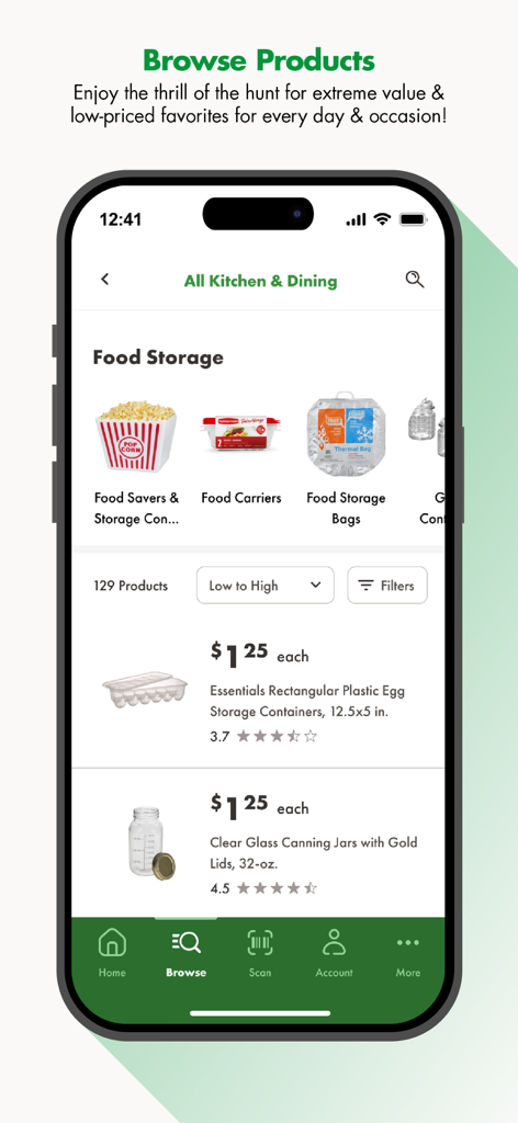 Dollar Tree mobile app screen displaying kitchen and dining products for sale