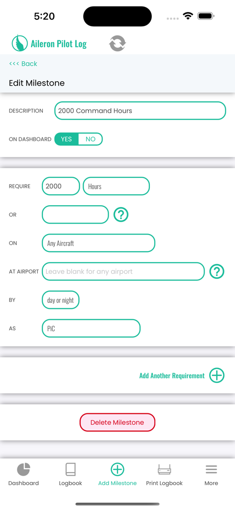 Aileron Pilot Log - Aileron Pilot Log app interface for editing a 2000 command hours flight milestone