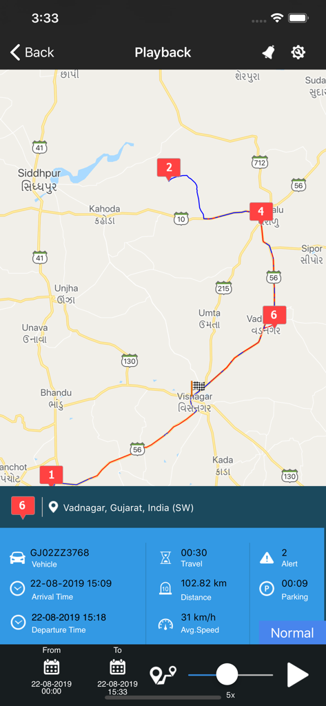 GPS tracking app interface showing vehicle route playback and trip statistics on a map