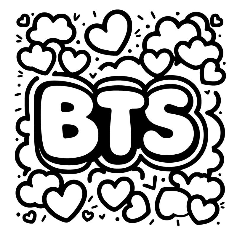the letters “bts” in bubble letters surrounded by hearts