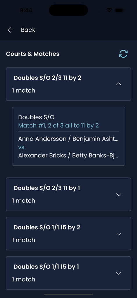 Pickleball Referee App - Tournament match selection screen showing doubles pairings and scoring formats in the Pickleball Referee App