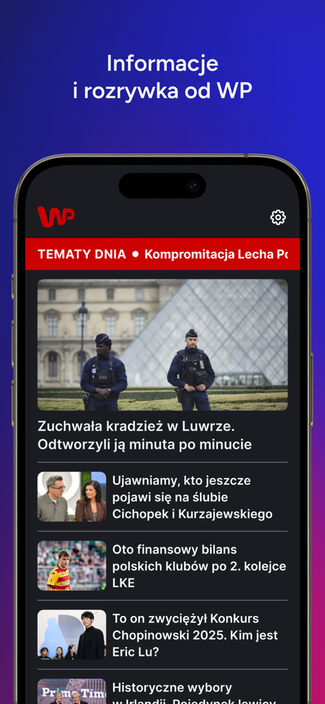 La sección de noticias y entretenimiento de la aplicación Pilot WP mostrando titulares y artículos de noticias polacas en un dispositivo móvil.