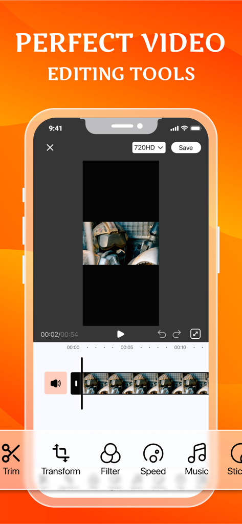 Screen Recorder for iPhone HD - In-App-Videoeditor-Oberfläche mit Bearbeitungswerkzeugen wie Trimmen Transformieren und Filtern auf einem iPhone-Bildschirm