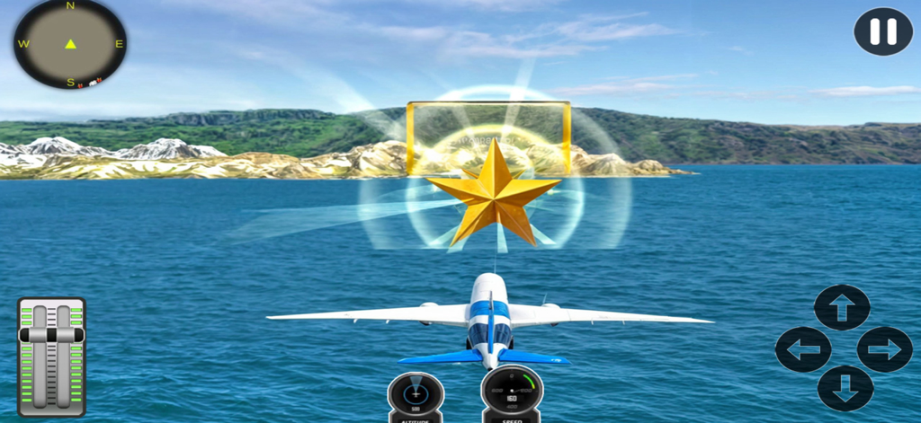 Flight Simulator & Plane Game - A small airplane flying towards a gold star mission objective over the ocean in a 3D flight simulator game.