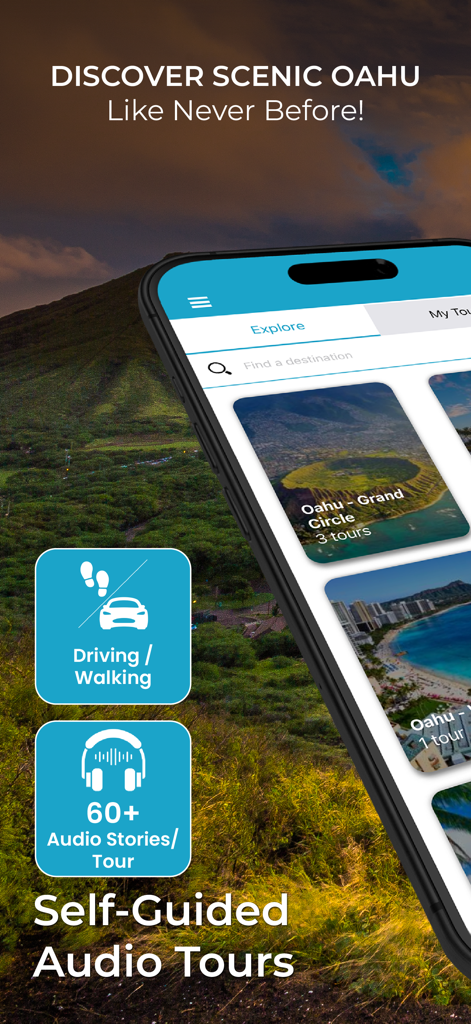 Oahu Grand Circle GPS Guide - オアフ島グランドサークルGPSガイドアプリのインターフェース。ハワイでのドライブやウォーキングのためのセルフガイドオーディオツアーを表示。