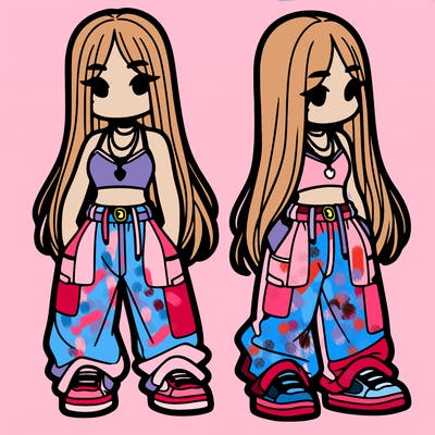 girl in baggy pants crop top and long hair