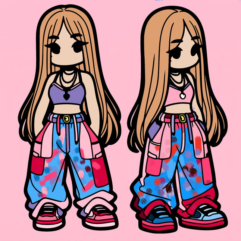 girl in baggy pants crop top and long hair