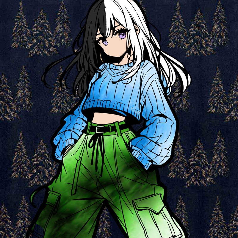 anime teen girl with baggy pants and crop top with sweater