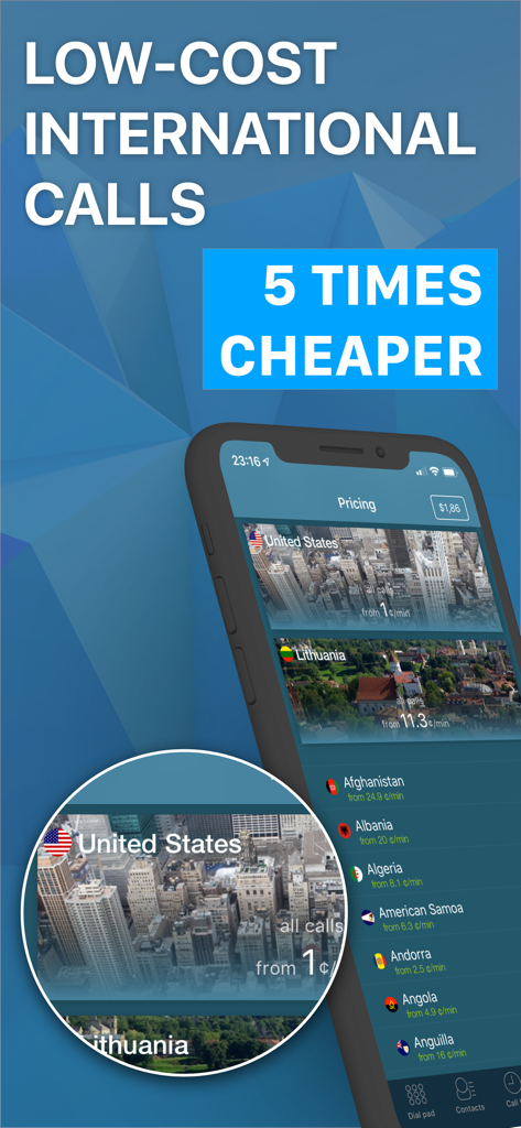 Smartphone displaying international calling rates for countries like USA and Lithuania in the Callbacker app