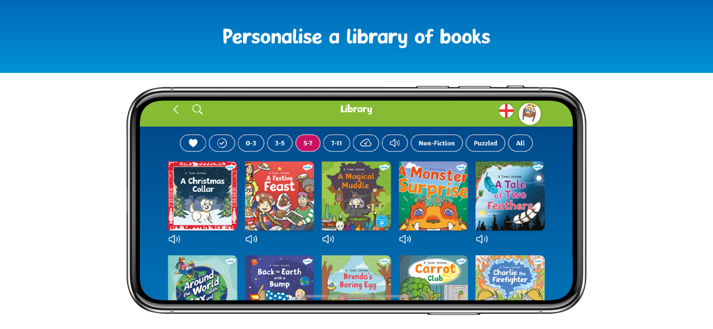 Twinkl Originals - The Twinkl Originals app library showing a variety of illustrated kids books with age and genre filters