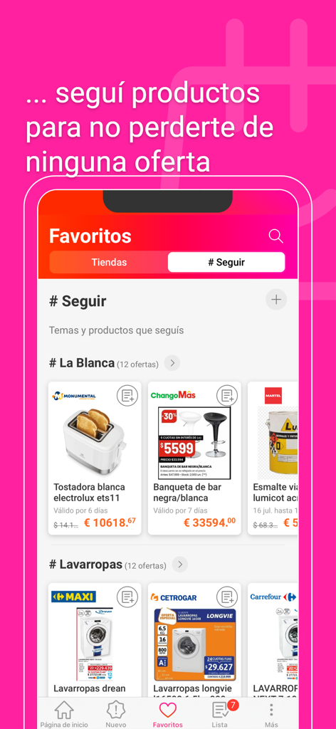 Catálogos y ofertas Argentina - Pantalla de favoritos de la app Catálogos y ofertas Argentina con productos y ofertas seguidas