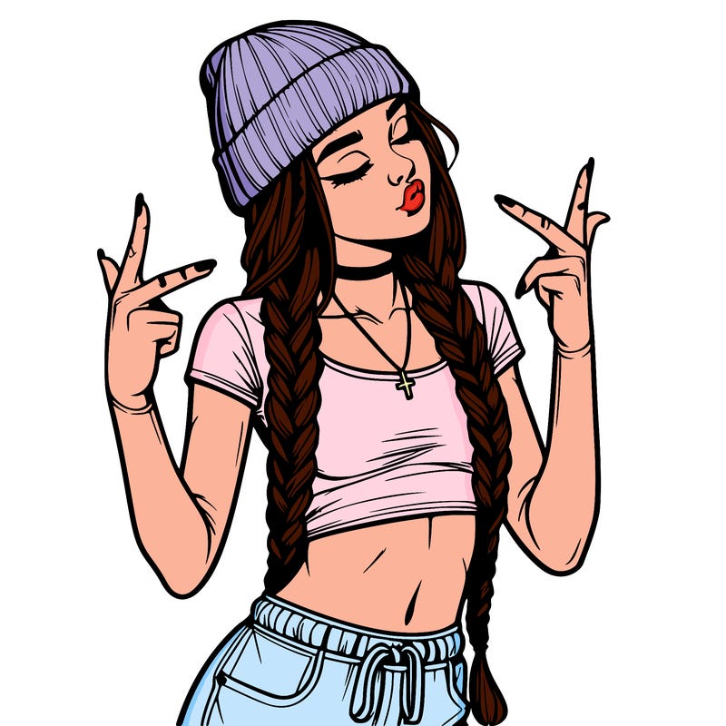 realistic teenage girl with braids and a beanie and crop top doing 🫶🏼