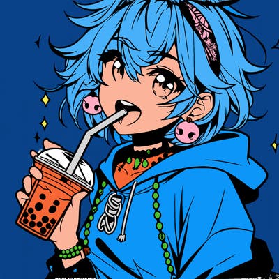 hot baddie anime girl drinking boba and biting the straw
