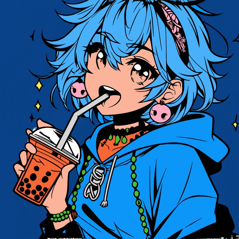 hot baddie anime girl drinking boba and biting the straw