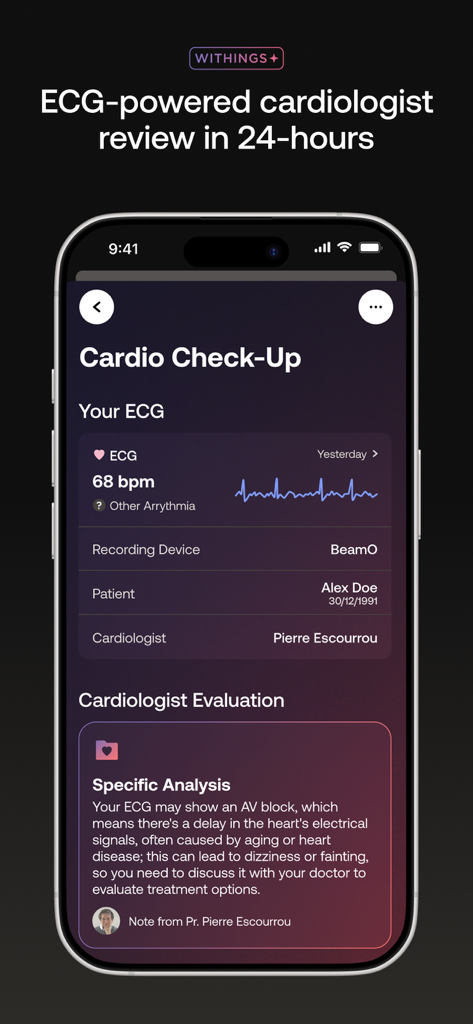 Withings - Withings App-Bildschirm zeigt eine Herz-Kreislauf-Untersuchung mit einer EKG-Wellenform und einer medizinischen Bewertung durch einen Kardiologen