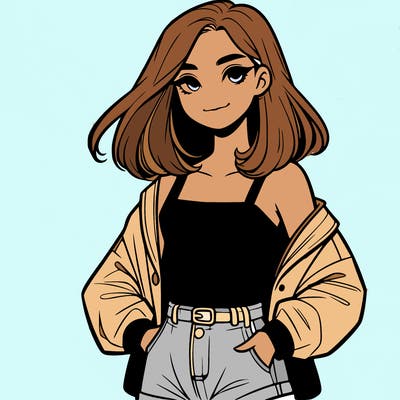 a realistic girl with a crop top and short shorts in an open jacket