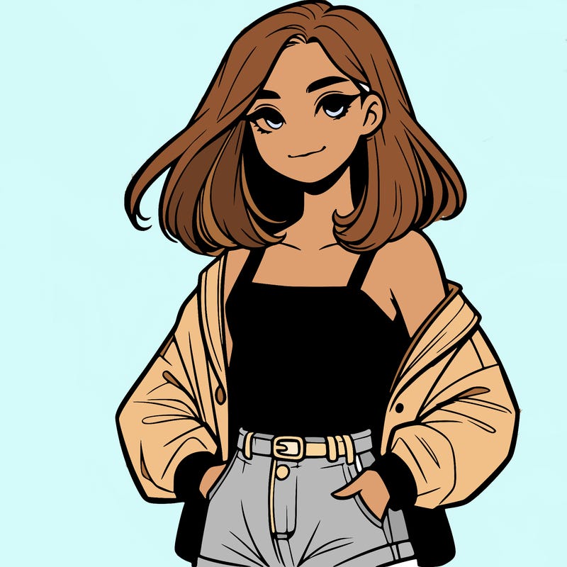a realistic girl with a crop top and short shorts in an open jacket