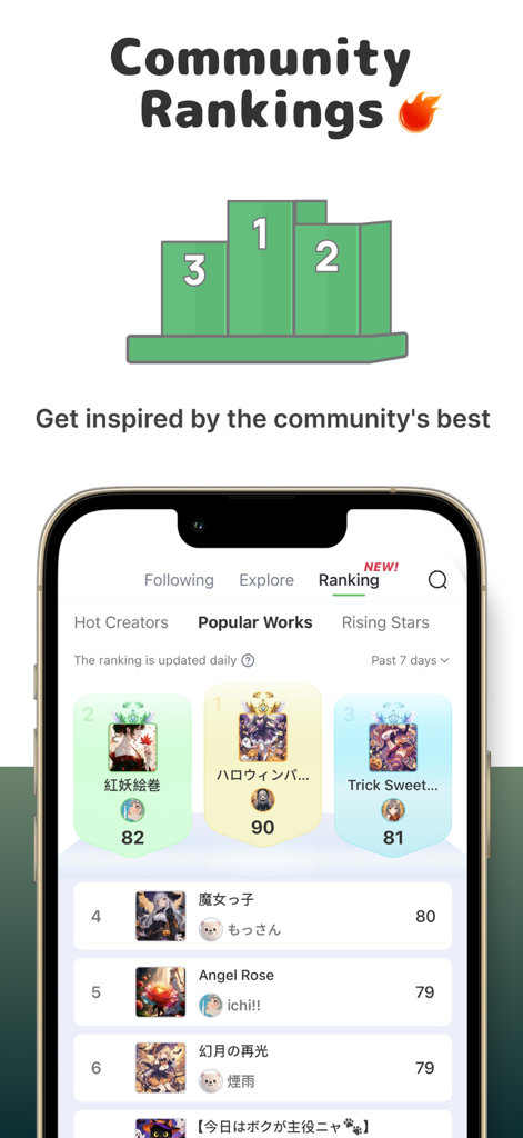 SUPPART AI Anime Art Generator - Tabla de clasificación de la comunidad mostrando obras de arte anime populares generadas por IA en la aplicación SUPPART.